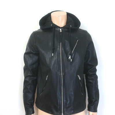 AllSaints Harwood Leather Jacket with Removable Hood Black Size Extra Large