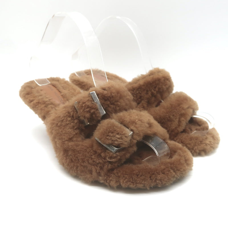 Amina Muaddi Millie Shearling Slide Sandals Brown Size 38.5
