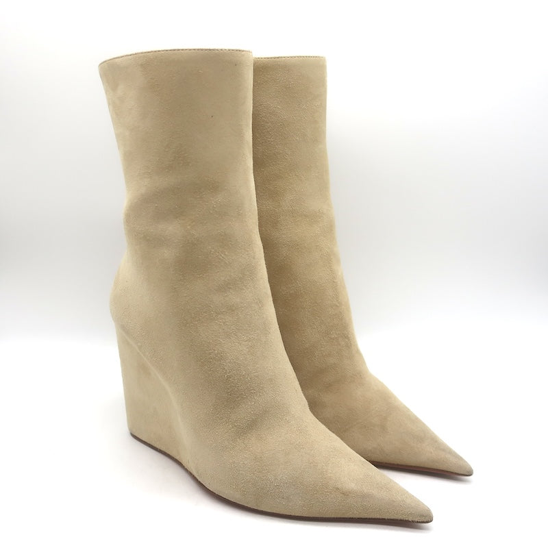 Amina Muaddi Pernille Wedge Ankle Boots Beige Suede Size 38.5