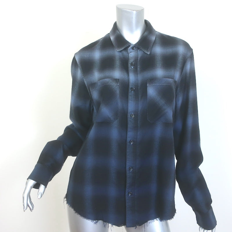 Amiri Distressed Ombre Plaid Flannel Shirt Blue Size Large – Celebrity Owned Amiri Distressed Ombre Plaid Flannel Shirt Blue Size Large – Celebrity Owned