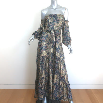 Anjuna Off the Shoulder Metallic Printed Maxi Dress Gold/Blue Size Extra Small
