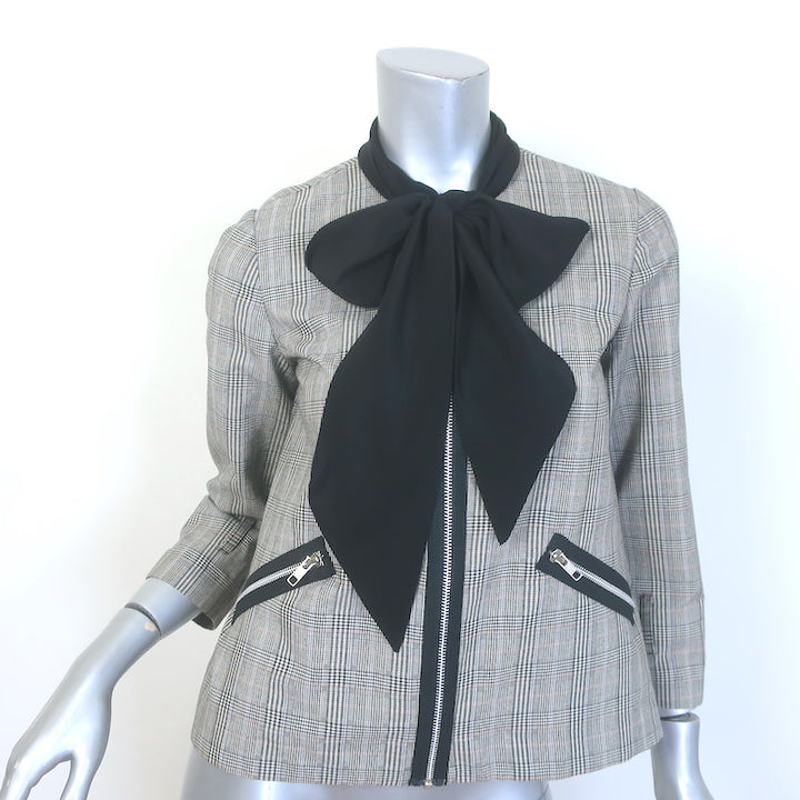 Anna Sui Houndstooth Plaid Tie-Neck Zip Up Jacket 