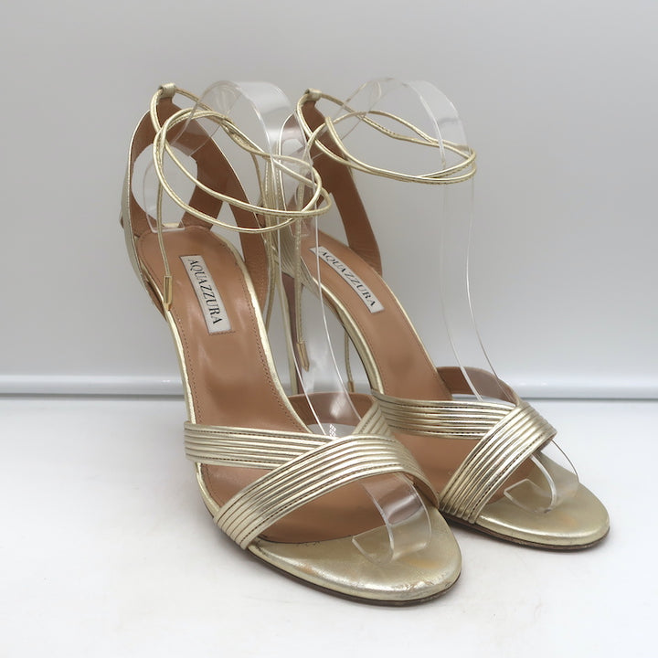 Aquazzura Ari 105 Ankle Wrap Sandals Gold Metallic Leather Size 41