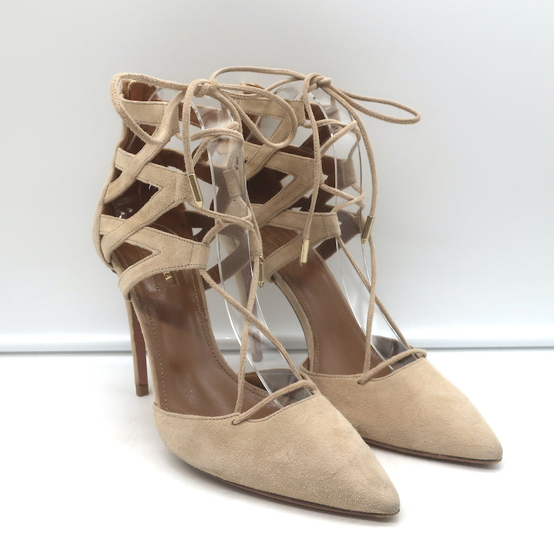 Aquazzura Belgravia Lace-Up Pumps Nude Suede Size 37.5 Pointed Toe