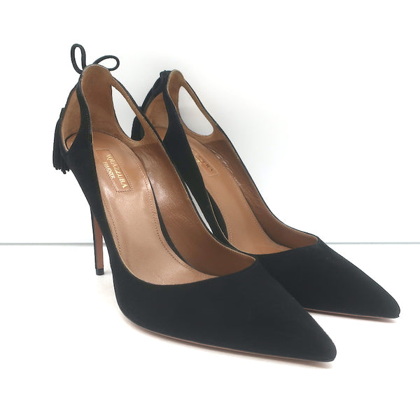 Aquazzura Forever Marilyn Cutout Tassel Pumps Black Suede