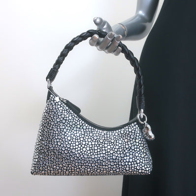 Aupen Nirvana Ice Crystal-Embellished Small Shoulder Bag Black Leather NEW