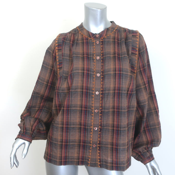 Ba&amp;sh Shea Embroidered Checked Shirt Brown Cotton-Linen Size 1
