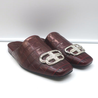 Balenciaga Cosy BB mules in burgundy croc-embossed leather, pre-owned luxury flats, size 36
