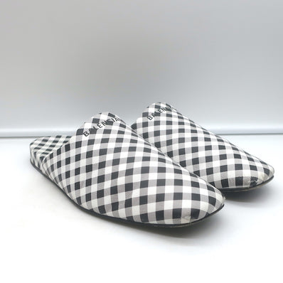 Balenciaga Cosy Gingham Mules Black & White Leather Size 37 Slip-On Flats