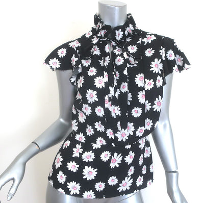 Balenciaga Daisy Print Ruffled Tie-Neck Top Black