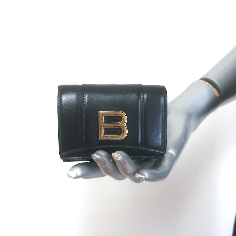Balenciaga Hourglass Mini Trifold Wallet Black Leather