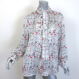 Balenciaga Love Paris Tie-Neck Blouse White Printed Silk Size 42 Long Sleeve Top