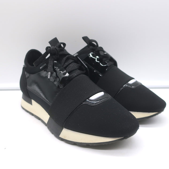 Balenciaga Race Runner Low Top Sneakers Black Neoprene &amp; Patent Leather Size 37