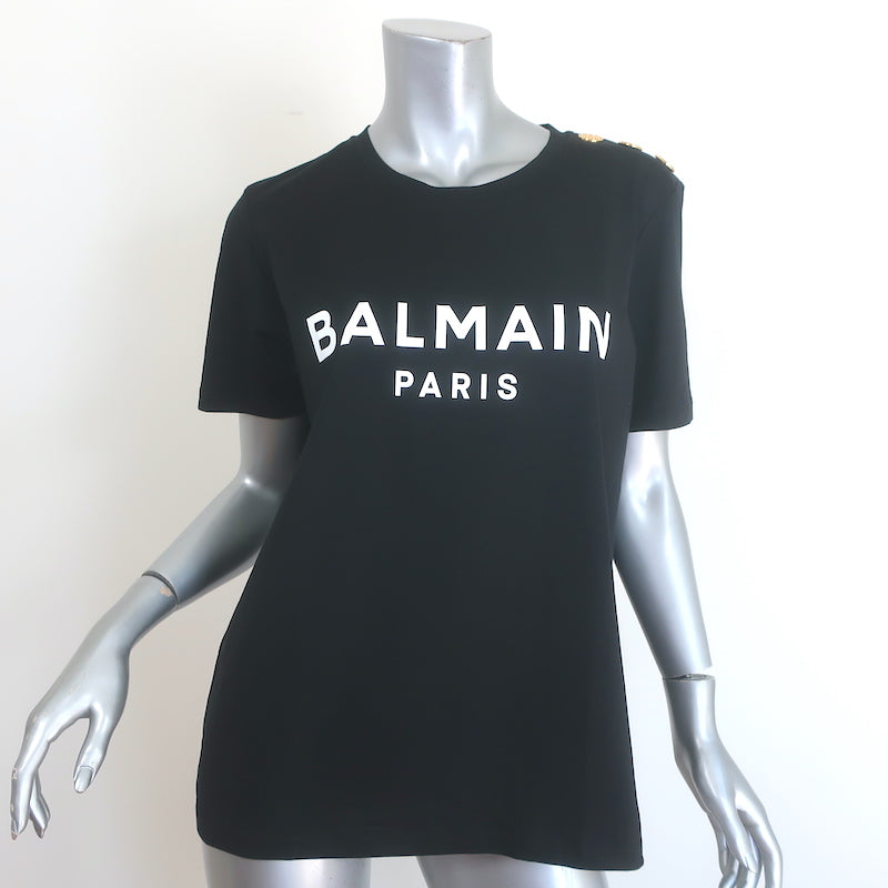 Balmain 3 Button Logo T-Shirt Black Cotton Size Large Short Sleeve Top NEW