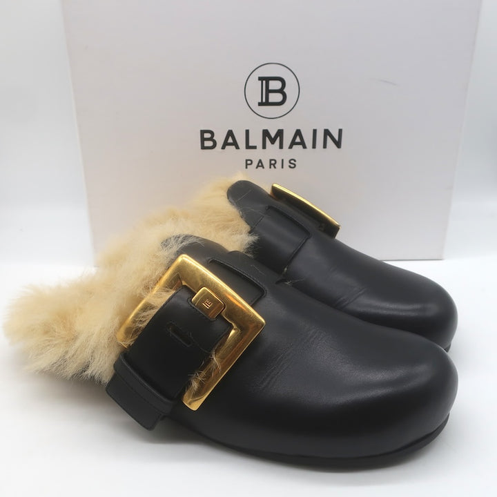 Balmain Anthem Faux Fur-Lined Buckle Mules