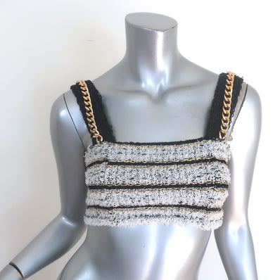 Balmain Chain Strap Striped Metallic Tweed Crop Top White/Black Size 38