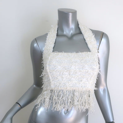 Balmain Fringed Tweed Cropped Halter Top White Cotton-Blend Size 38 NEW