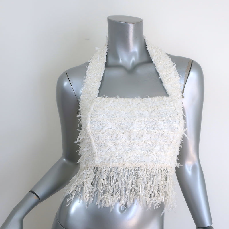 Balmain Fringed Tweed Cropped Halter Top White Cotton-Blend Size 38 NEW
