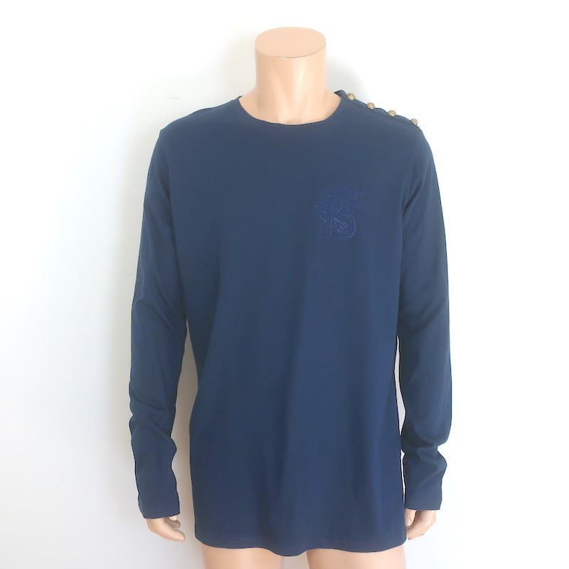 Balmain Lion-Embroidered Button-Shoulder Tee Navy Cotton