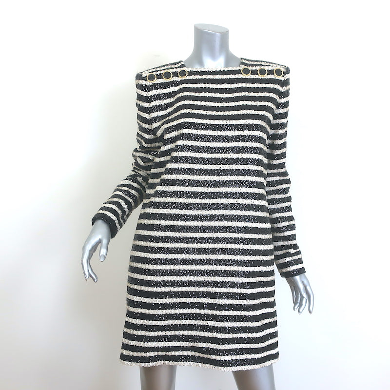 Balmain Sequined Striped Long Sleeve Mini Dress Black/Cream Size 40 NEW