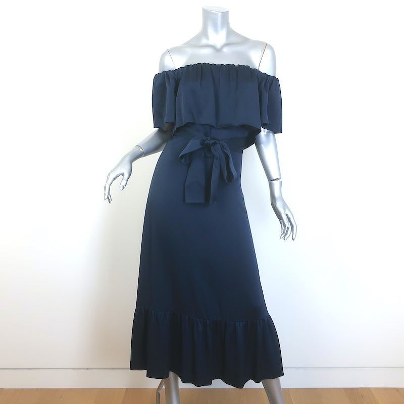 Barneys New York Ruffled Off The Shoulder Midi Dress Navy Satin Size 38 New