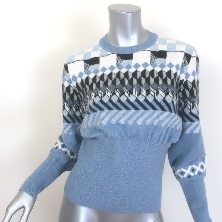 Barrie Geometric Intarsia Knit Crewneck Sweater Blue Cashmere-Wool