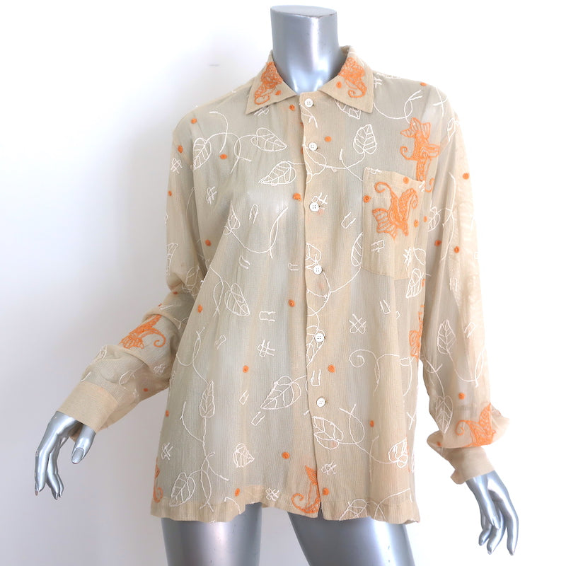Bode Lilium Embroidered Mesh Shirt Beige Size Small/Medium Long Sleeve Top NEW