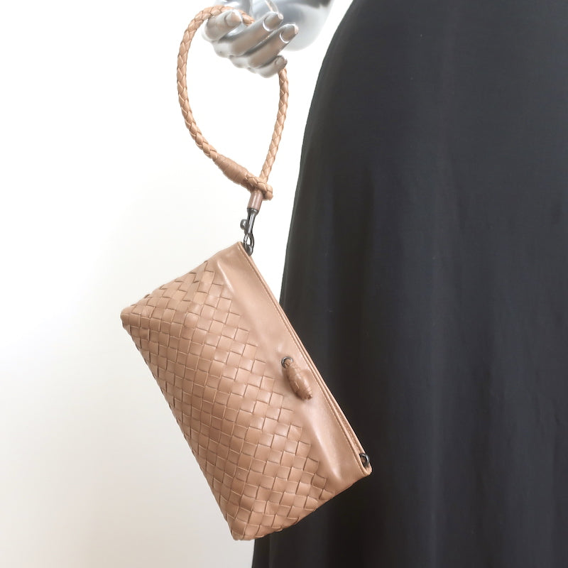 Bottega Veneta Braided Strap Mini Wristlet Clutch Beige Intrecciato Leather