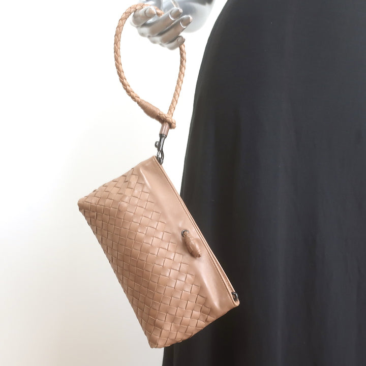 Bottega Veneta Braided Strap Mini Wristlet Clutch Beige Intrecciato Leather