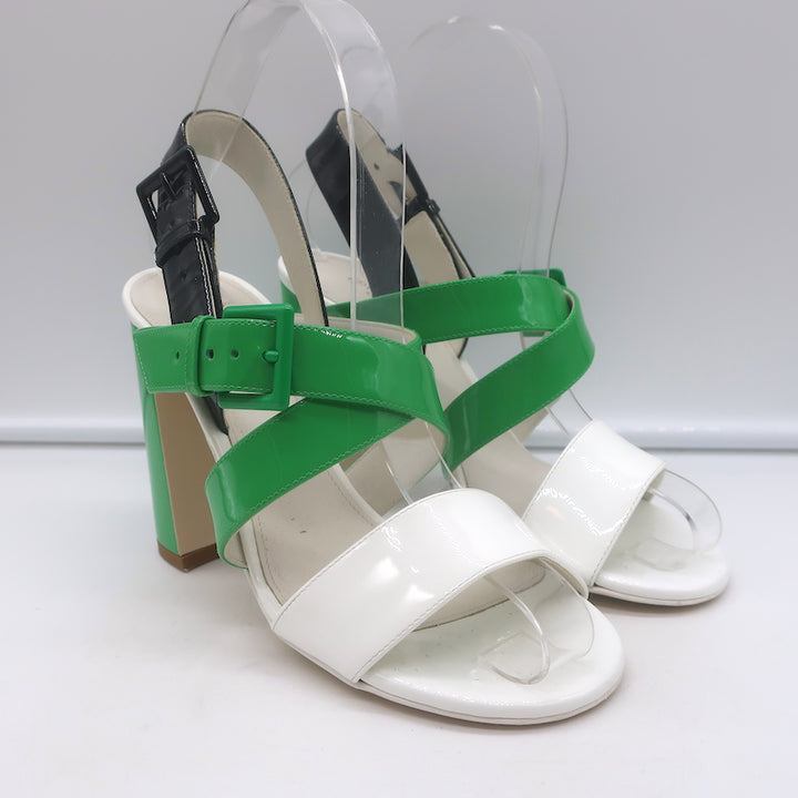Bottega Veneta Colorblock Slingback Sandals Green &amp; White Patent Leather Size 35