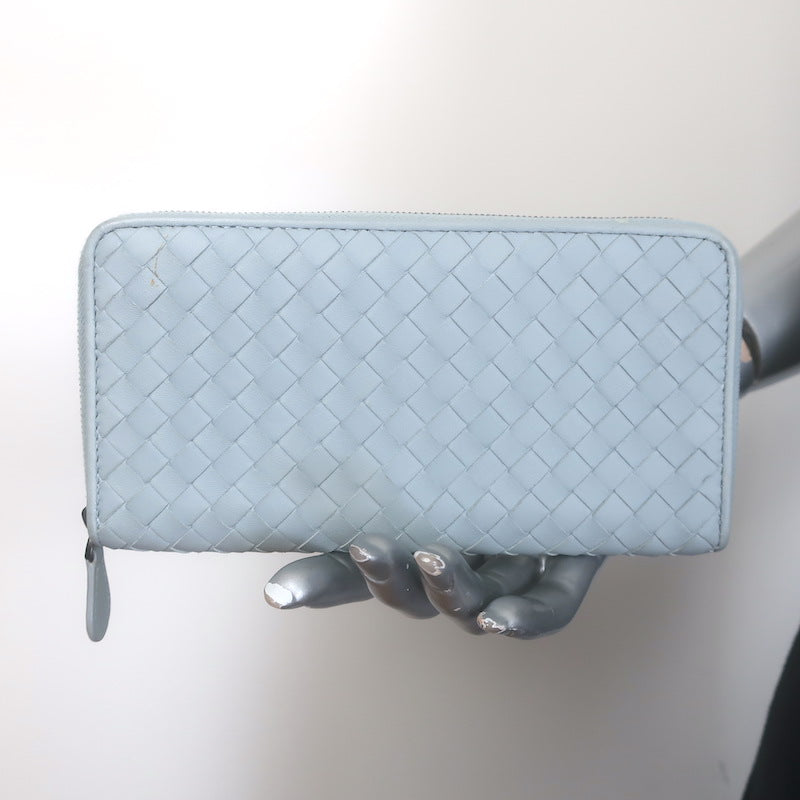 Bottega Veneta Intrecciato Zip Around Wallet Light Blue Leather