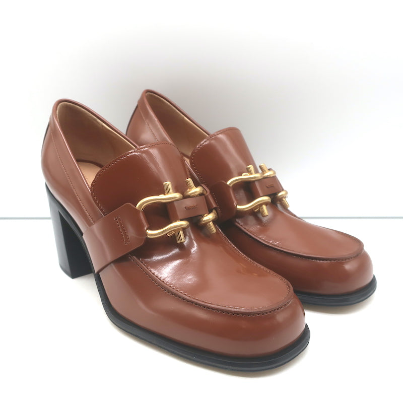 Bottega Veneta Monsieur Bit loafer pumps in brown polished leather, authentic pre-owned luxury women's heels