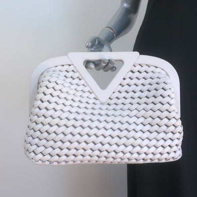 Bottega Veneta Point Slanted Intrecciato Triangle Top Handle Bag White Leather