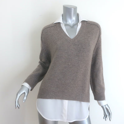 Brochu Walker Looker Layered V-Neck Sweater Taupe/White Wool-Cashmere Size Small