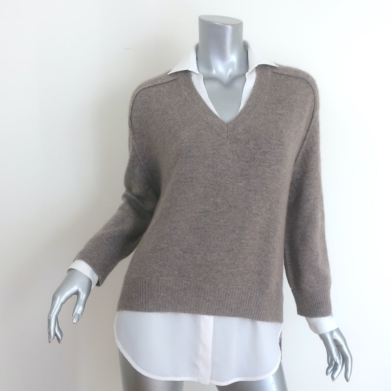 Brochu Walker Looker Layered V-Neck Sweater Taupe/White Wool-Cashmere Size Small