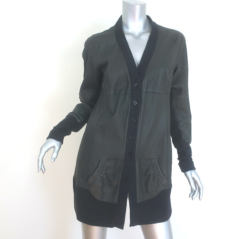 Brogden Leather Button-Front Jacket Black Stretch Cotton Jersey Size 46/Large