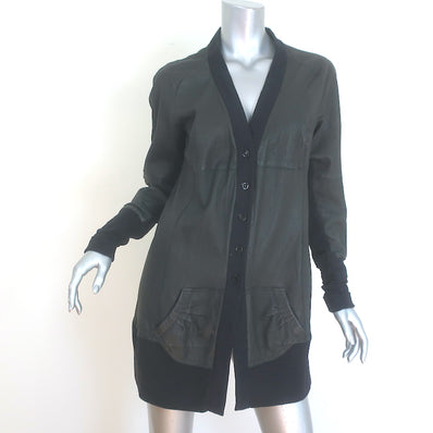 Brogden Leather Button-Front Jacket Black Stretch Cotton Jersey Size 46/Large