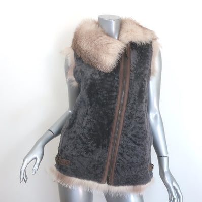 Brunello Cucinelli Fox Fur-Collar Shearling Vest Dark Gray Size 42