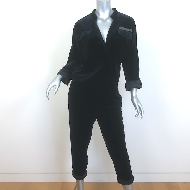 Brunello Cucinelli Monili-Detail Satin-Cuff Velvet Jumpsuit Black Size Medium