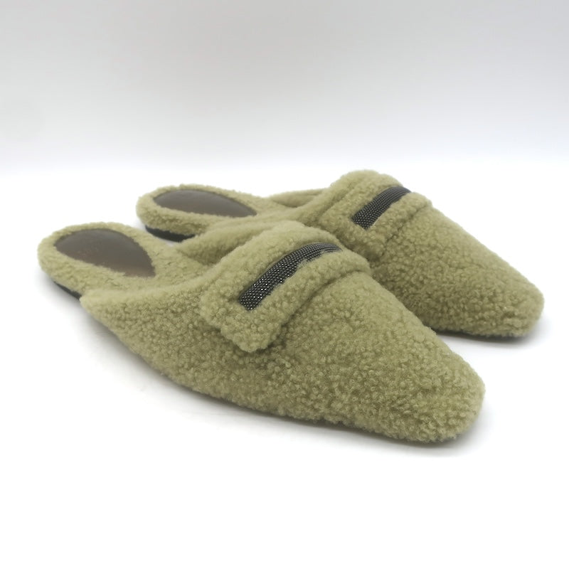 Brunello Cucinelli Monili-Trim Shearling Flat Mules 
