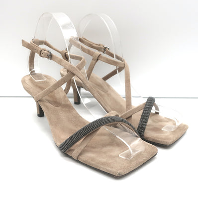 Brunello Cucinelli Monili Crisscross Kitten Heel Sandals Beige Suede Size 37