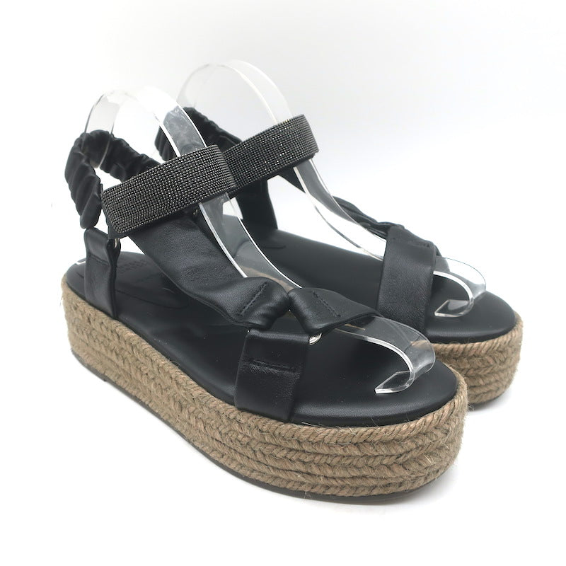Brunello Cucinelli Monili Platform Espadrille Sandals Black Leather Size 38