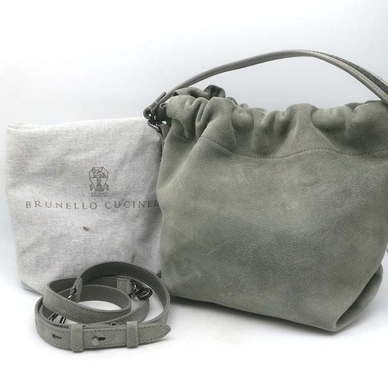 Brunello Cucinelli Monili Strap Bucket Bag Gray Suede