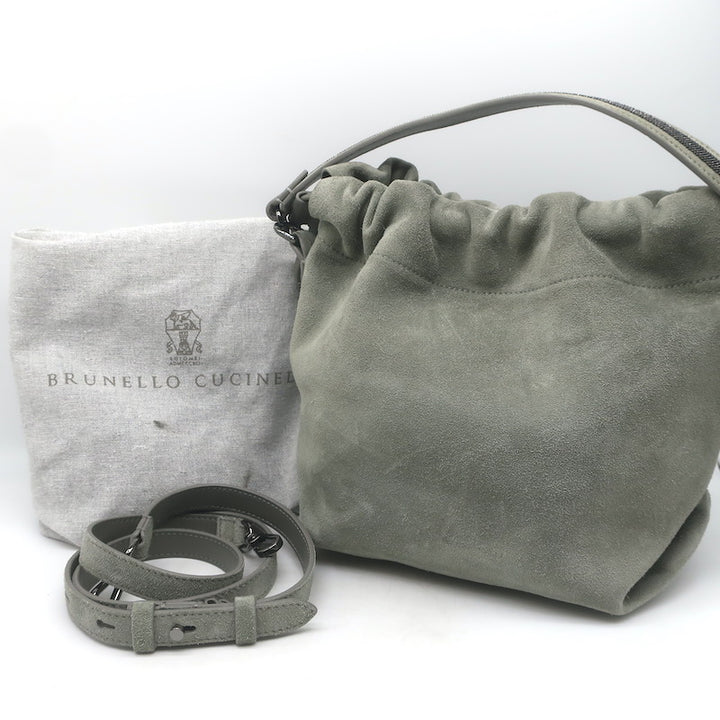Brunello Cucinelli Monili Strap Bucket Bag Gray Suede