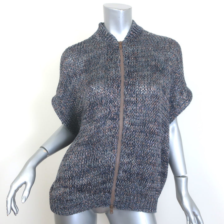 Brunello Cucinelli Short Sleeve Metallic Knit Zip-Up Cardigan