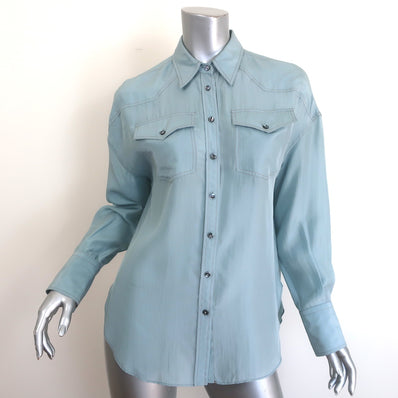 Brunello Cucinelli Silk Western Shirt Baby Blue Size Small Long Sleeve Blouse