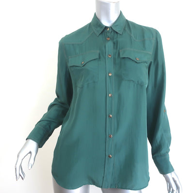 Brunello Cucinelli Silk Western Shirt Green Size Medium Roll-Sleeve Blouse