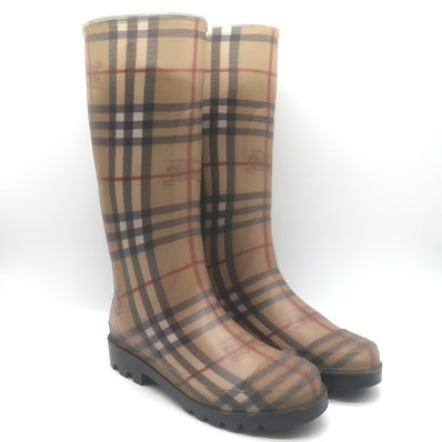 Burberry Haymarket Check Rain Boots Beige Rubber Size 38