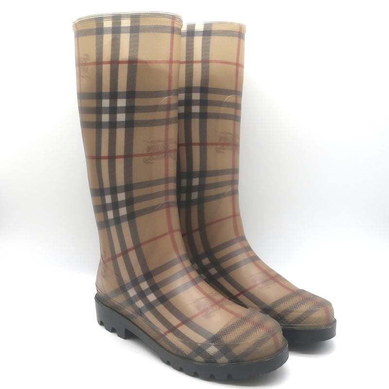 Burberry Haymarket Check Rain Boots Beige Rubber Size 38