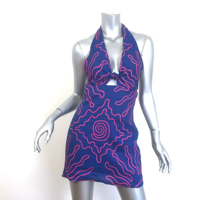 Cala de la Cruz Pamela Halter Mini Dress Navy/Pink Printed Linen Size   Celebrity Owned
